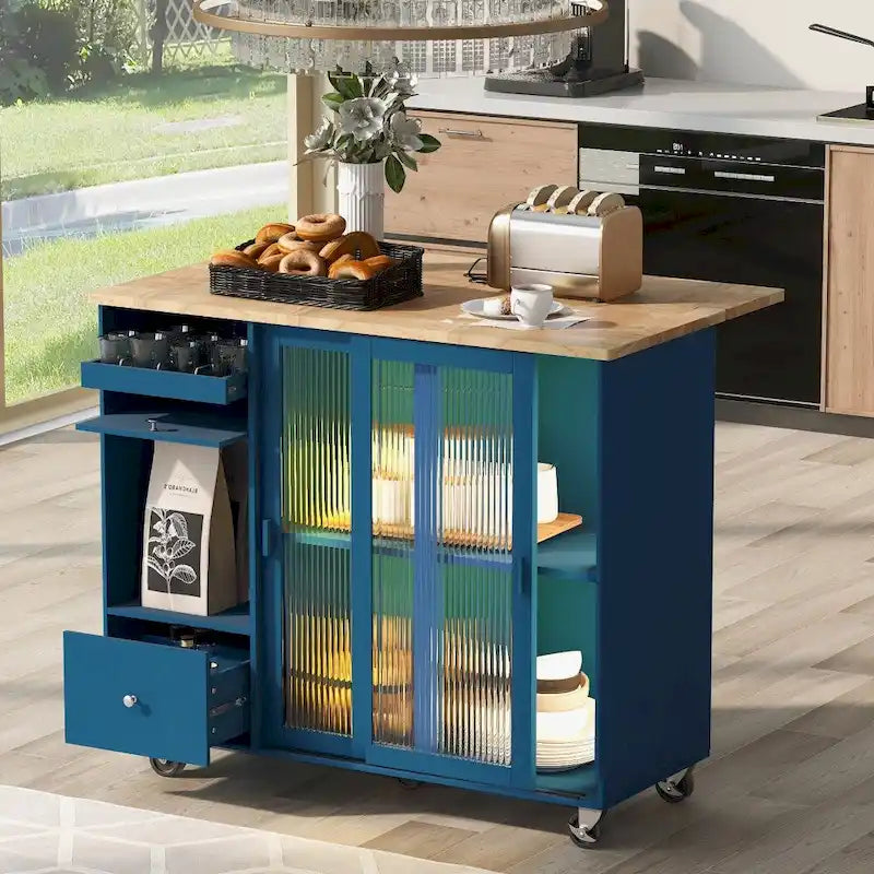 Îlot de cuisine 112 cm bleu marine/bleu-gris/blanc avec LED, portes coulissantes en verre et armoire basculante