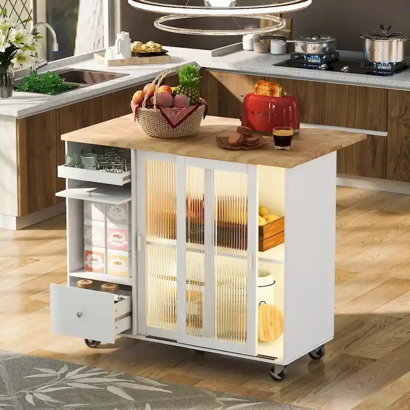 Îlot de cuisine 112 cm bleu marine/bleu-gris/blanc avec LED, portes coulissantes en verre et armoire basculante