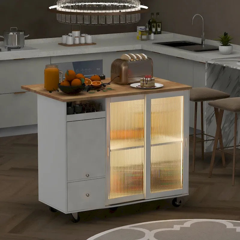 Îlot de cuisine 112 cm bleu marine/bleu-gris/blanc avec LED, portes coulissantes en verre et armoire basculante