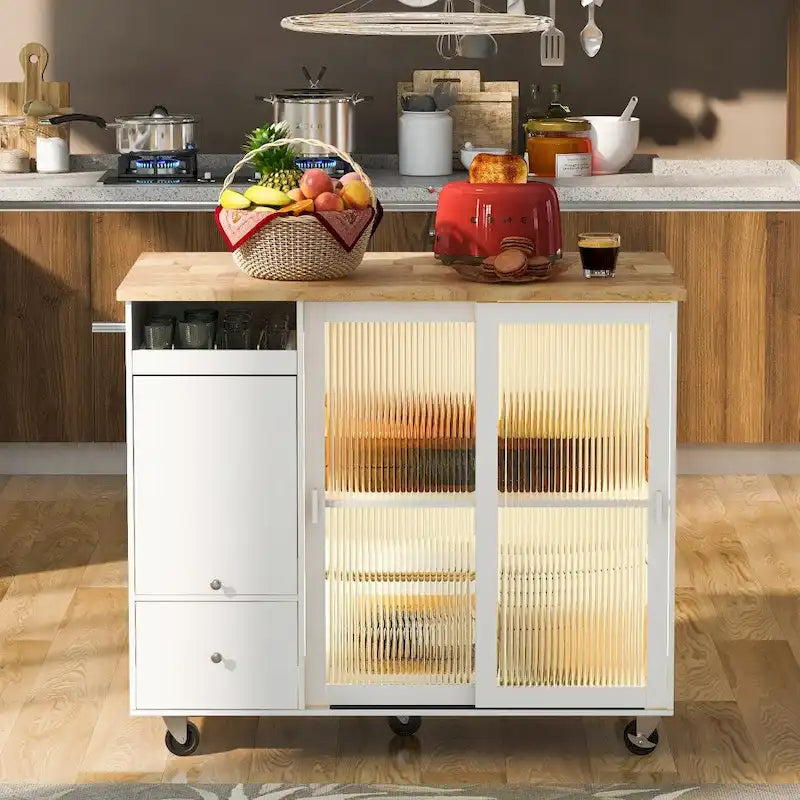 Îlot de cuisine 112 cm bleu marine/bleu-gris/blanc avec LED, portes coulissantes en verre et armoire basculante