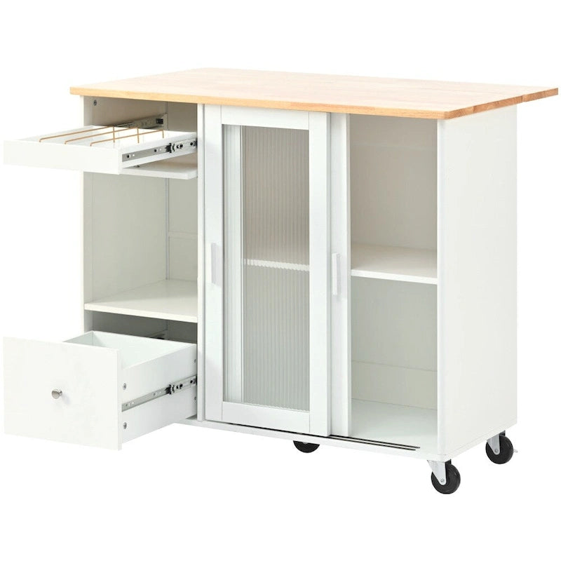 Îlot de cuisine 112 cm bleu marine/bleu-gris/blanc avec LED, portes coulissantes en verre et armoire basculante