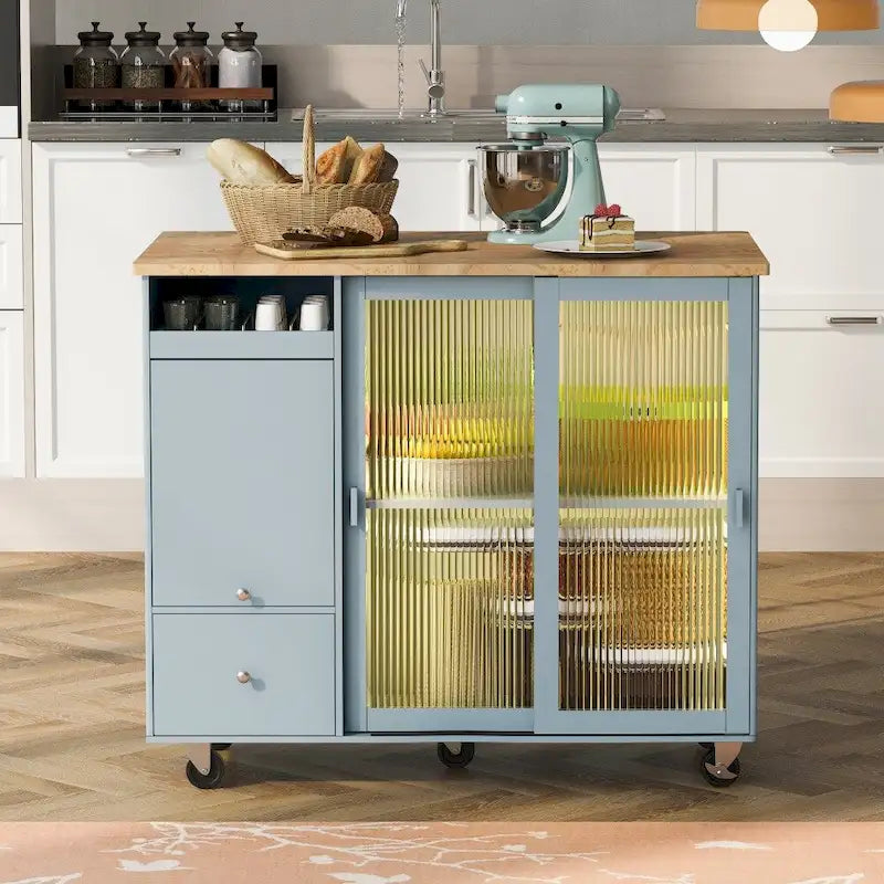 Îlot de cuisine 112 cm bleu marine/bleu-gris/blanc avec LED, portes coulissantes en verre et armoire basculante