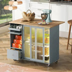 Îlot de cuisine 112 cm bleu marine/bleu-gris/blanc avec LED, portes coulissantes en verre et armoire basculante