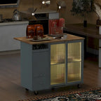 Îlot de cuisine 112 cm bleu marine/bleu-gris/blanc avec LED, portes coulissantes en verre et armoire basculante