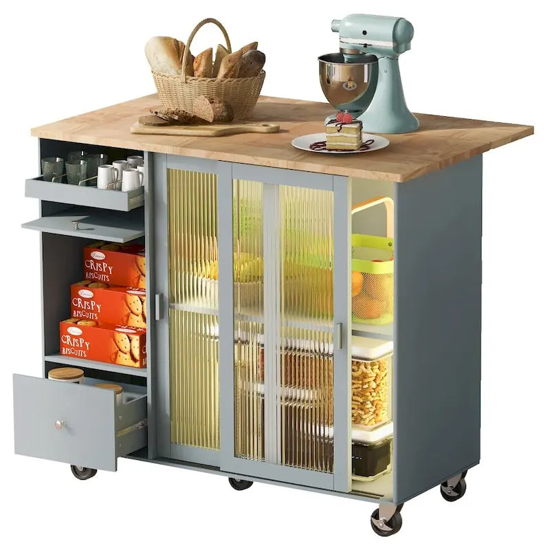 Îlot de cuisine 112 cm bleu marine/bleu-gris/blanc avec LED, portes coulissantes en verre et armoire basculante