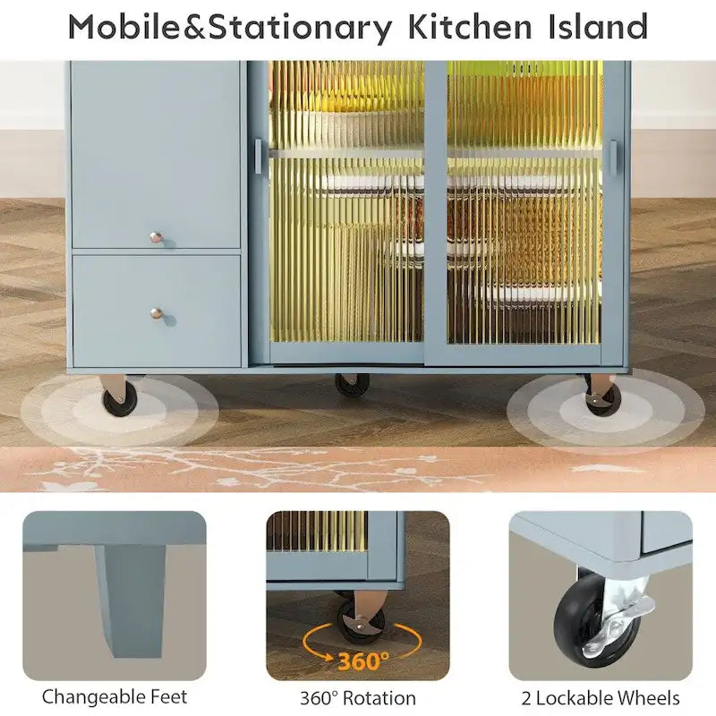 Îlot de cuisine 112 cm bleu marine/bleu-gris/blanc avec LED, portes coulissantes en verre et armoire basculante