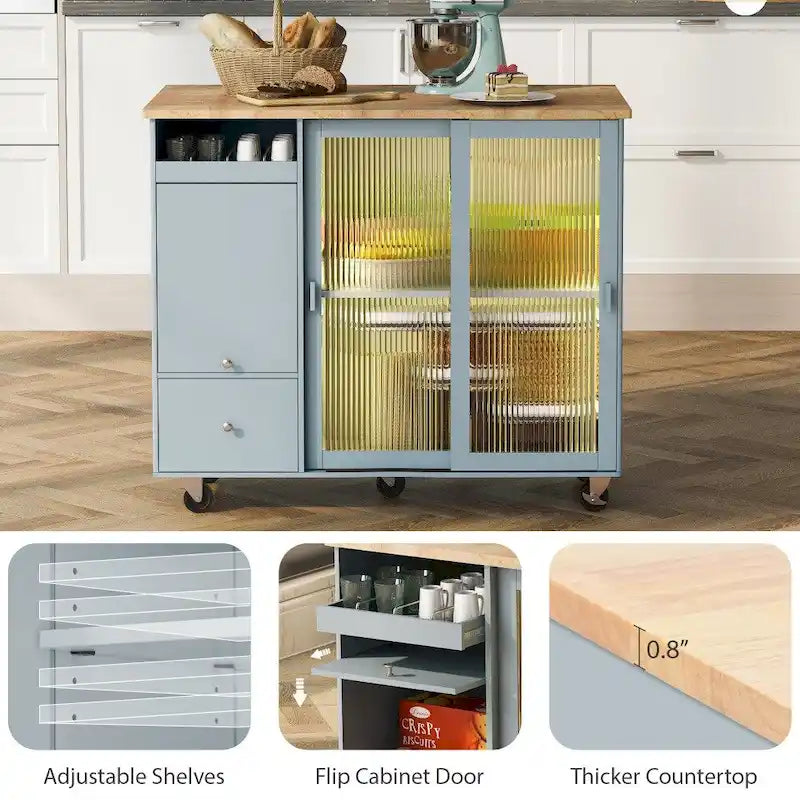 Îlot de cuisine 112 cm bleu marine/bleu-gris/blanc avec LED, portes coulissantes en verre et armoire basculante