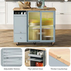 Îlot de cuisine 112 cm bleu marine/bleu-gris/blanc avec LED, portes coulissantes en verre et armoire basculante
