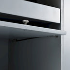 Îlot de cuisine 112 cm bleu marine/bleu-gris/blanc avec LED, portes coulissantes en verre et armoire basculante