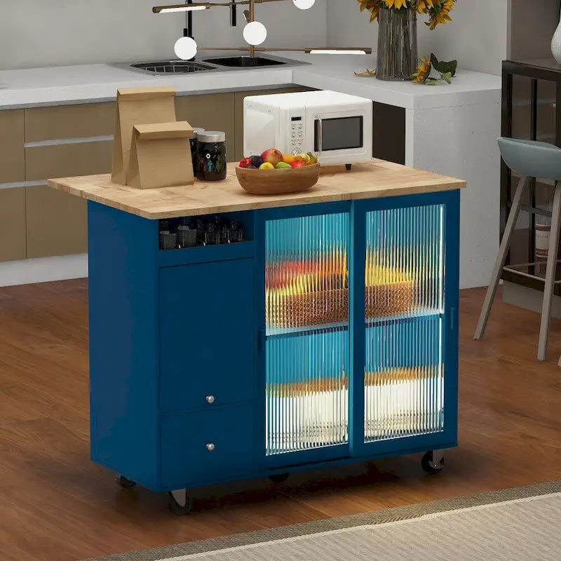 Îlot de cuisine 112 cm bleu marine/bleu-gris/blanc avec LED, portes coulissantes en verre et armoire basculante