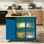 Îlot de cuisine 112 cm bleu marine/bleu-gris/blanc avec LED, portes coulissantes en verre et armoire basculante