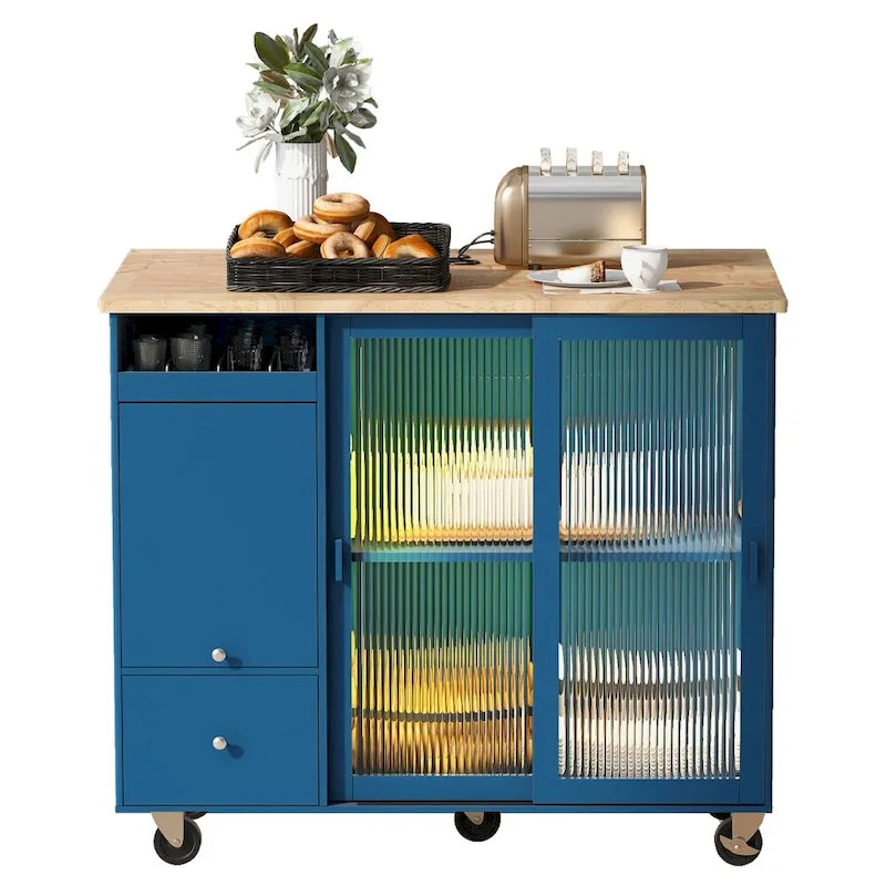 Îlot de cuisine 112 cm bleu marine/bleu-gris/blanc avec LED, portes coulissantes en verre et armoire basculante