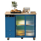Îlot de cuisine 112 cm bleu marine/bleu-gris/blanc avec LED, portes coulissantes en verre et armoire basculante