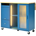 Îlot de cuisine 112 cm bleu marine/bleu-gris/blanc avec LED, portes coulissantes en verre et armoire basculante
