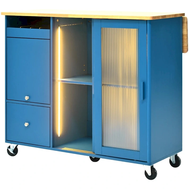 Îlot de cuisine 112 cm bleu marine/bleu-gris/blanc avec LED, portes coulissantes en verre et armoire basculante