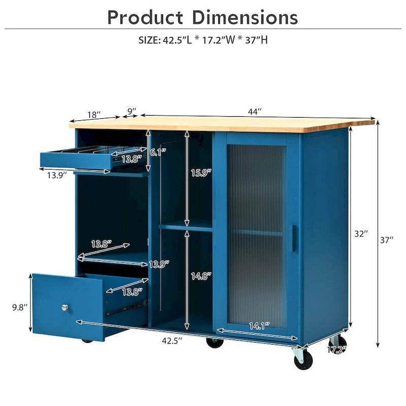 Îlot de cuisine 112 cm bleu marine/bleu-gris/blanc avec LED, portes coulissantes en verre et armoire basculante