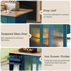 Îlot de cuisine 112 cm bleu marine/bleu-gris/blanc avec LED, portes coulissantes en verre et armoire basculante