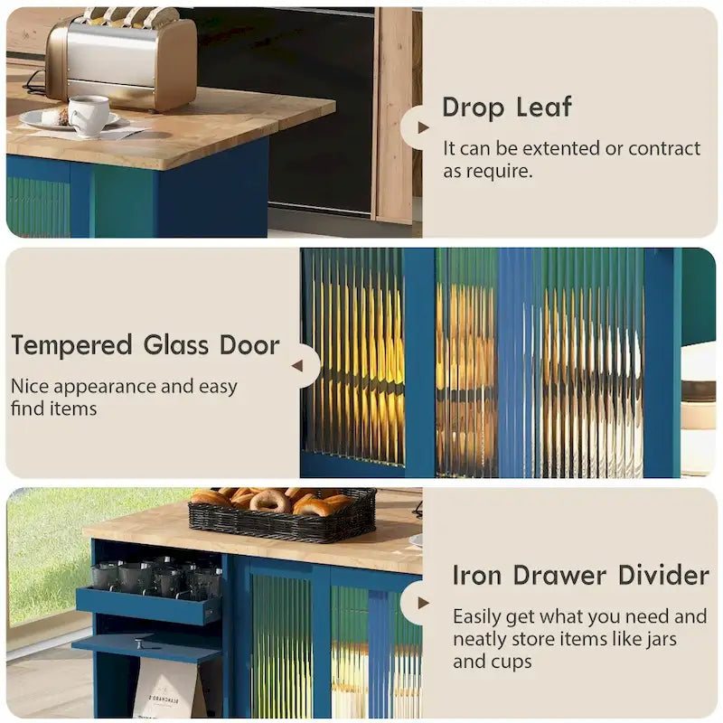 Îlot de cuisine 112 cm bleu marine/bleu-gris/blanc avec LED, portes coulissantes en verre et armoire basculante