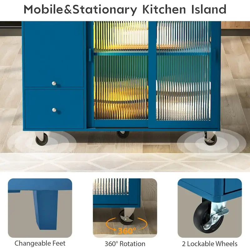 Îlot de cuisine 112 cm bleu marine/bleu-gris/blanc avec LED, portes coulissantes en verre et armoire basculante
