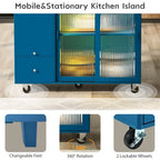 Îlot de cuisine 112 cm bleu marine/bleu-gris/blanc avec LED, portes coulissantes en verre et armoire basculante