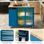 Îlot de cuisine 112 cm bleu marine/bleu-gris/blanc avec LED, portes coulissantes en verre et armoire basculante