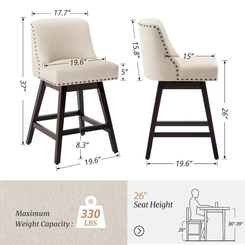 26 in. Counter Height Upholstered Wood Frame Swivel Bar Stool with Farbic Seat - 19.6D x 19.6W x 37H