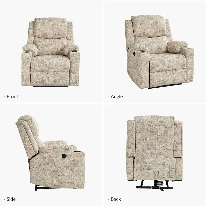 Fauteuil inclinable électrique chauffant avec massage Larry Traditional Floral Dual Motor et assistance au lever (ensemble de 2)