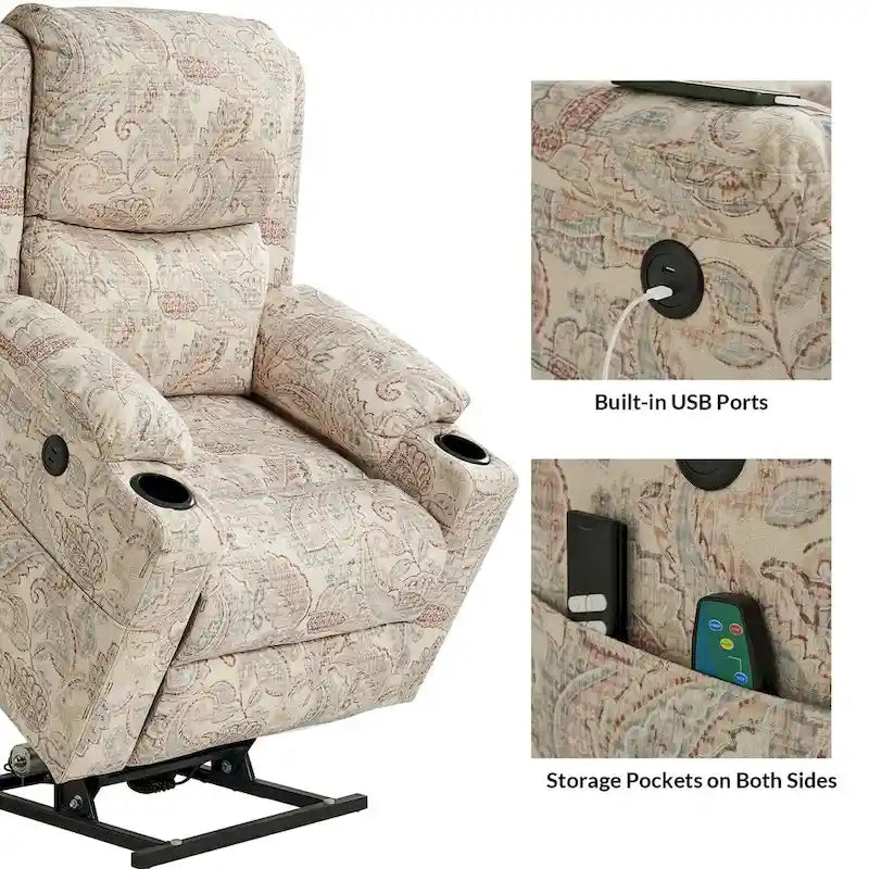 Fauteuil inclinable électrique chauffant avec massage Larry Traditional Floral Dual Motor et assistance au lever (ensemble de 2)