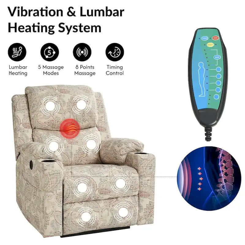 Fauteuil inclinable électrique chauffant avec massage Larry Traditional Floral Dual Motor et assistance au lever (ensemble de 2)