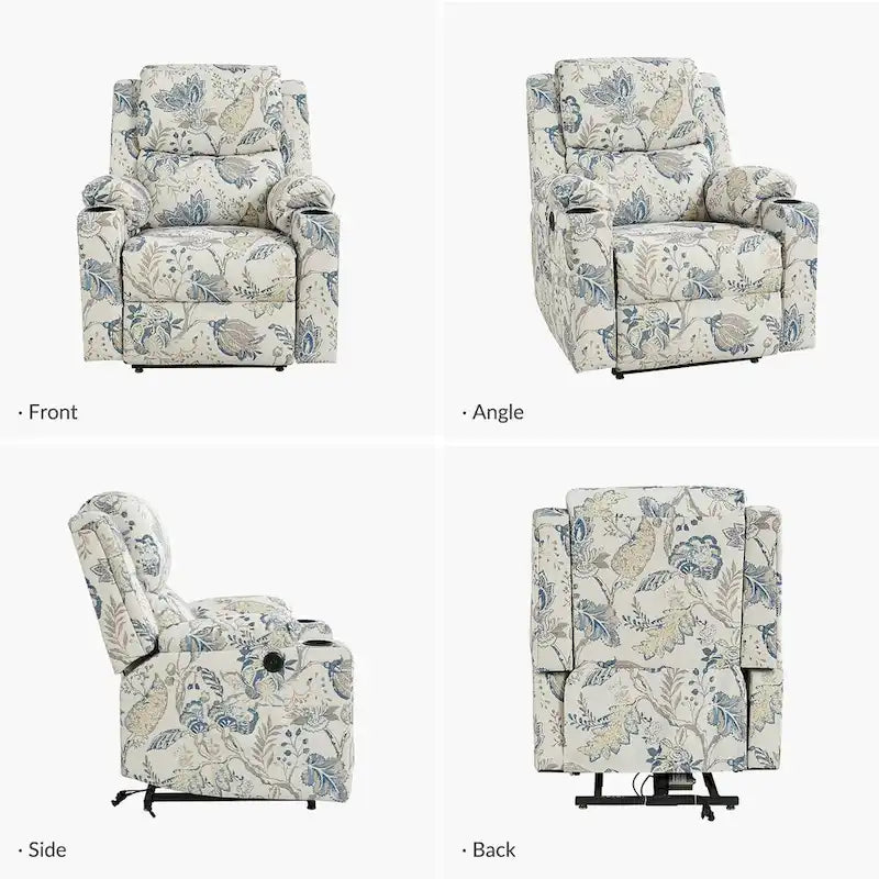 Fauteuil inclinable électrique chauffant avec massage Larry Traditional Floral Dual Motor et assistance au lever (ensemble de 2)