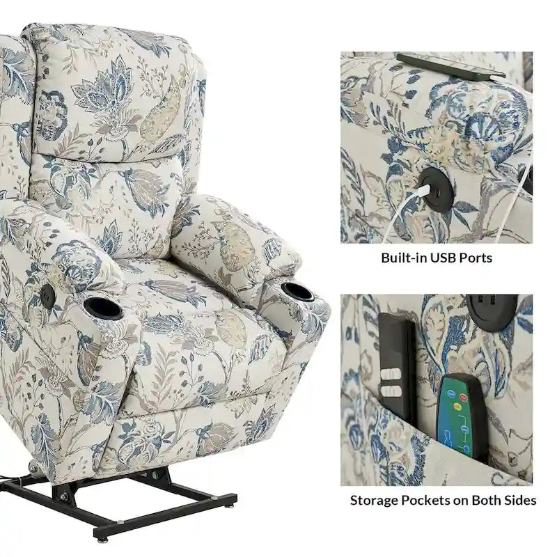 Fauteuil inclinable électrique chauffant avec massage Larry Traditional Floral Dual Motor et assistance au lever (ensemble de 2)