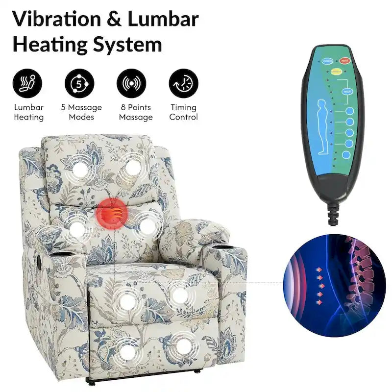 Fauteuil inclinable électrique chauffant avec massage Larry Traditional Floral Dual Motor et assistance au lever (ensemble de 2)