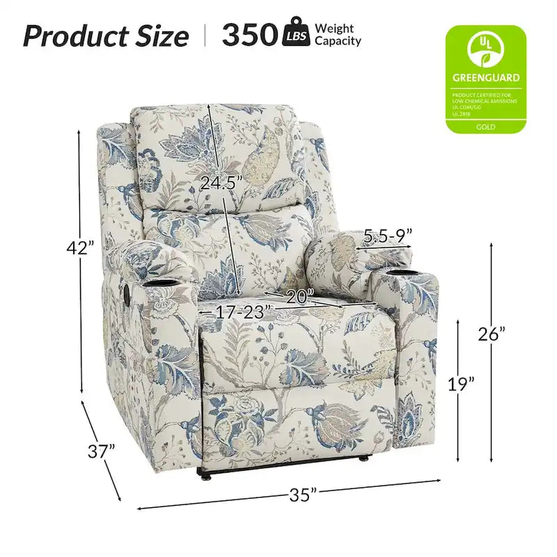 Fauteuil inclinable électrique chauffant avec massage Larry Traditional Floral Dual Motor et assistance au lever (ensemble de 2)