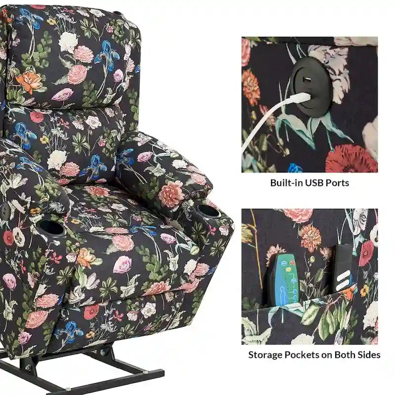 Fauteuil inclinable électrique chauffant avec massage Larry Traditional Floral Dual Motor et assistance au lever (ensemble de 2)