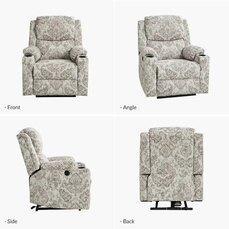 Fauteuil inclinable électrique chauffant avec massage Larry Traditional Floral Dual Motor et assistance au lever (ensemble de 2)