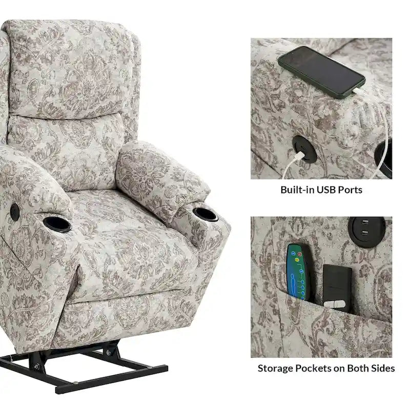 Fauteuil inclinable électrique chauffant avec massage Larry Traditional Floral Dual Motor et assistance au lever (ensemble de 2)