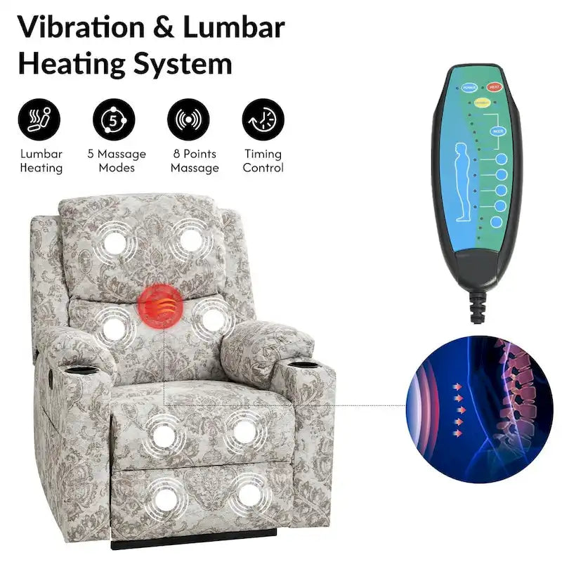 Fauteuil inclinable électrique chauffant avec massage Larry Traditional Floral Dual Motor et assistance au lever (ensemble de 2)