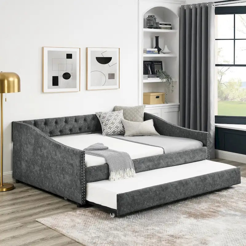 Lit de repos capitonné pleine grandeur gris/beige avec lit gigogne double, 2 places