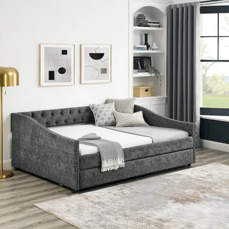 Lit de repos capitonné pleine grandeur gris/beige avec lit gigogne double, 2 places