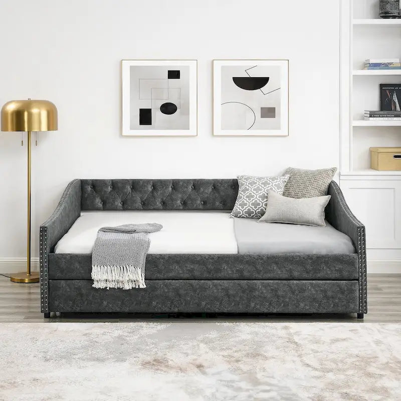 Lit de repos capitonné pleine grandeur gris/beige avec lit gigogne double, 2 places