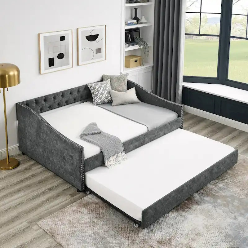 Lit de repos capitonné pleine grandeur gris/beige avec lit gigogne double, 2 places