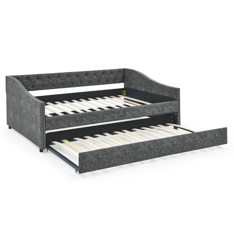 Lit de repos capitonné pleine grandeur gris/beige avec lit gigogne double, 2 places