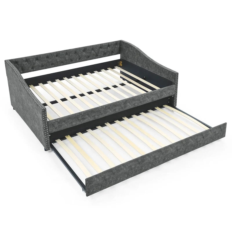 Lit de repos capitonné pleine grandeur gris/beige avec lit gigogne double, 2 places