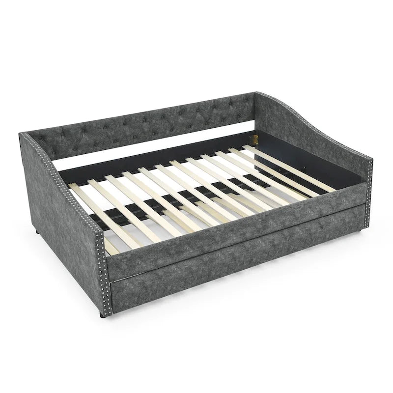 Lit de repos capitonné pleine grandeur gris/beige avec lit gigogne double, 2 places