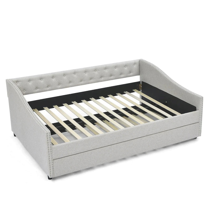 Lit de repos capitonné pleine grandeur gris/beige avec lit gigogne double, 2 places