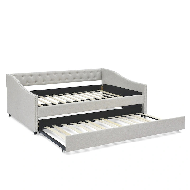 Lit de repos capitonné pleine grandeur gris/beige avec lit gigogne double, 2 places