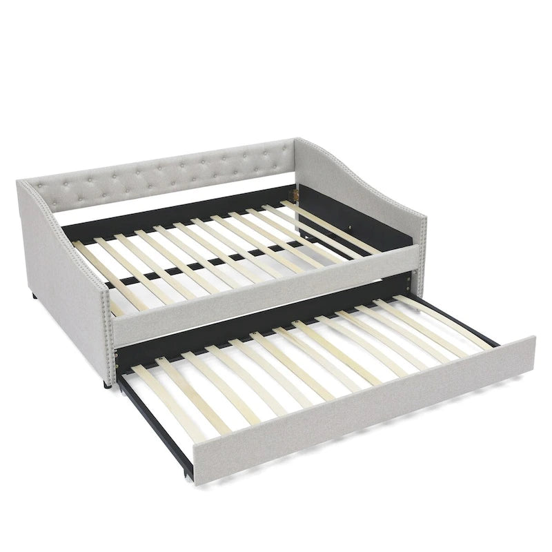 Lit de repos capitonné pleine grandeur gris/beige avec lit gigogne double, 2 places