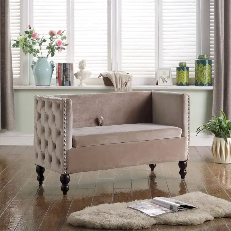 Causeuse / petit canapé tufté en velours beige et marine avec clous décoratifs et rangement dissimulé, 2 places
