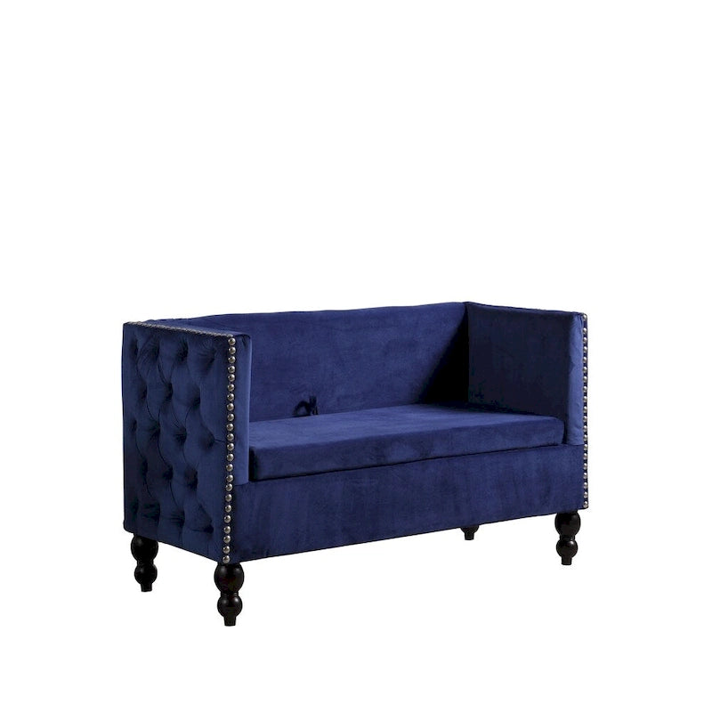 Causeuse / petit canapé tufté en velours beige et marine avec clous décoratifs et rangement dissimulé, 2 places