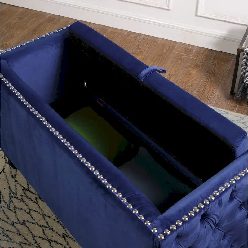 Causeuse / petit canapé tufté en velours beige et marine avec clous décoratifs et rangement dissimulé, 2 places
